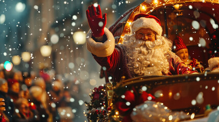 Santa Claus waving from his sleigh in a festive parade down the illuminated street