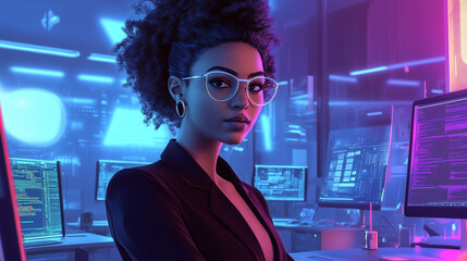 A confident woman in a tech startup office, surrounded by computers and futuristic devices