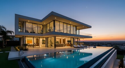 Fototapeta premium Modern house with pool, luxurious villa with swimming pool at dusk, Luxurious villa with a swimming pool and spacious patio, highlighting elegant and modern architectural design.