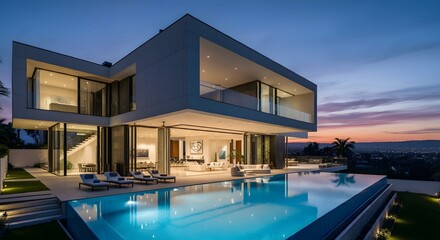Obraz premium Modern house with pool, luxurious villa with swimming pool at dusk, Luxurious villa with a swimming pool and spacious patio, highlighting elegant and modern architectural design.