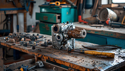 Repair of a petrol trimmer engine cylinder on a workshop table by a repairman