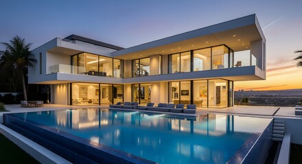 Modern house with pool, luxurious villa with swimming pool at dusk, Luxurious villa with a swimming pool and spacious patio, highlighting elegant and modern architectural design.