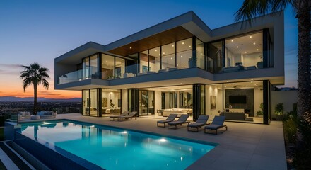 Modern house with pool, luxurious villa with swimming pool at dusk, Luxurious villa with a swimming pool and spacious patio, highlighting elegant and modern architectural design.