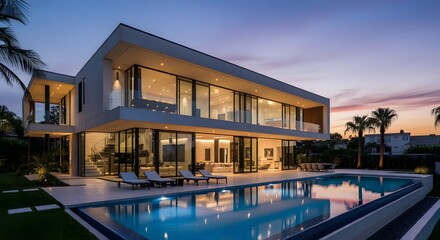 Modern house with pool, luxurious villa with swimming pool at dusk, Luxurious villa with a swimming pool and spacious patio, highlighting elegant and modern architectural design.