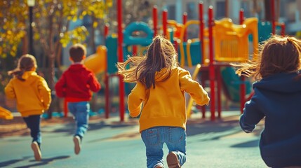Four kids running towards the playground, viewed from behind.