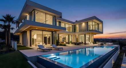 Fototapeta premium Modern house with pool, luxurious villa with swimming pool at dusk, Luxurious villa with a swimming pool and spacious patio, highlighting elegant and modern architectural design.