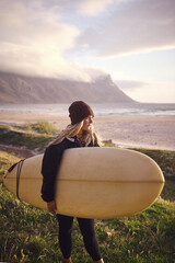 Woman, beach and thinking with surfboard for practice, training and workout in Australia. Female...