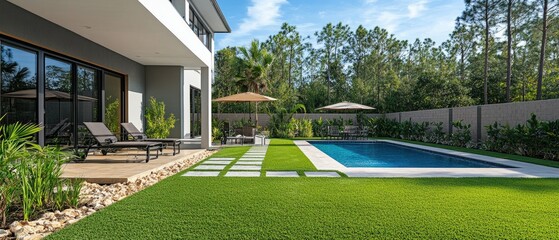 Modern house with a swimming pool and green lawn.