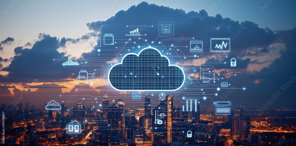 Poster a cityscape at dusk illuminated with digital cloud iconography, symbolizing modern technology integr