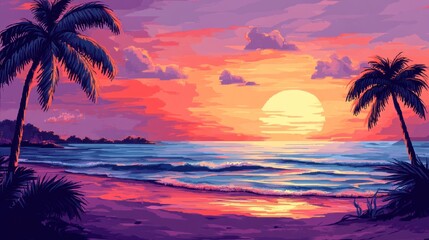 Obraz premium A vibrant sunset over a tropical beach with palm trees, the sun setting over the horizon, and a calm ocean.