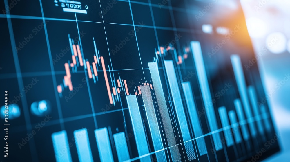 Poster a dynamic close-up of a digital financial chart displaying rising and falling bars, representing mar