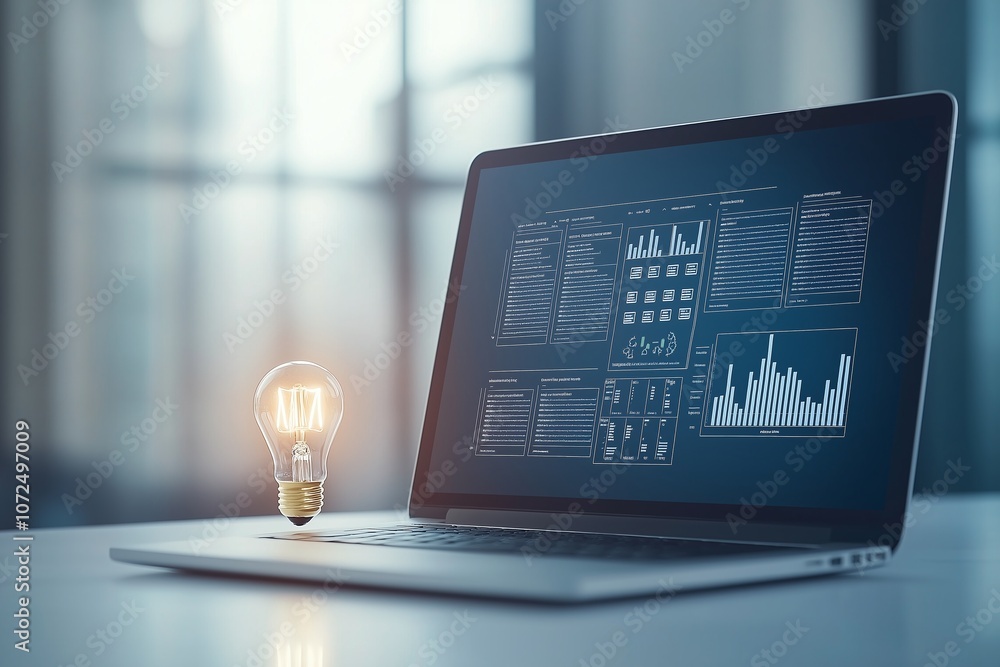 Poster a laptop displaying data graphs on the screen, illuminated by a glowing light bulb, symbolizes the f