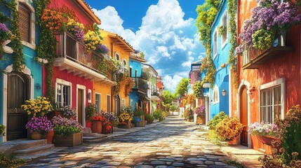 Fototapeta premium Quaint European village street with colorful flowers and cobblestone road.