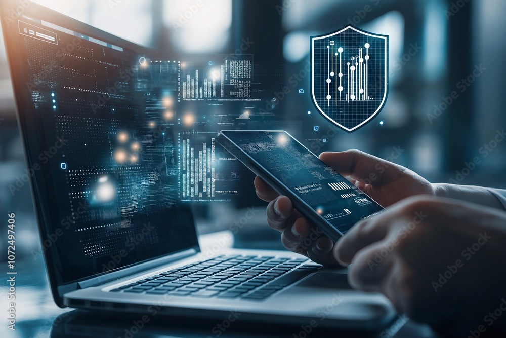 Poster a person uses a smartphone and laptop for digital security, with data and cybersecurity graphics ove