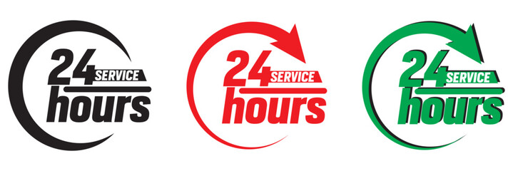 24 hour assistance icons. 24 hours 7 days in week support icons. Vector images