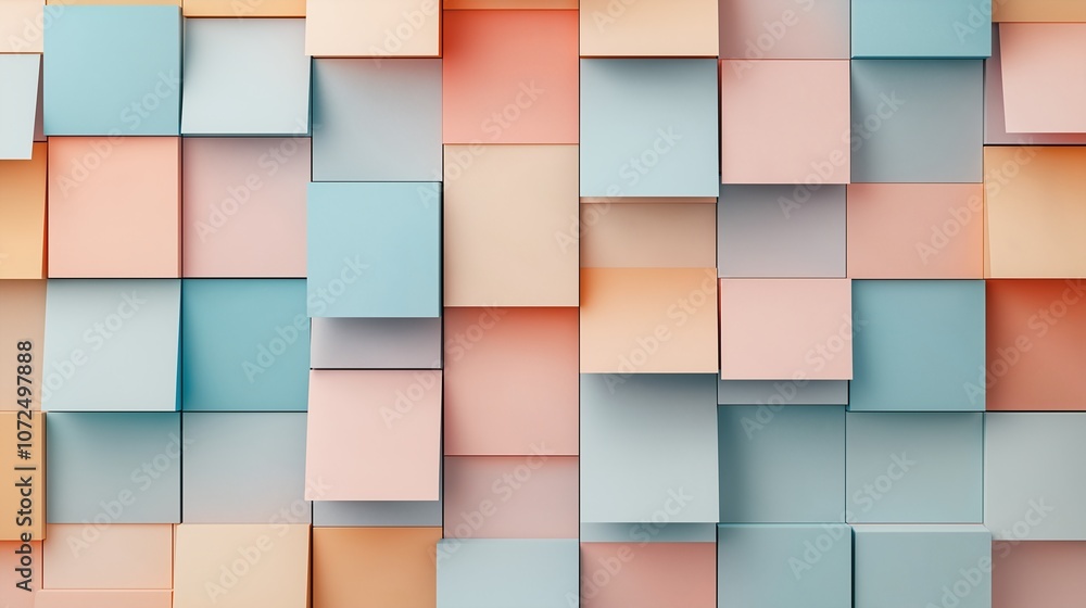 Poster a vibrant geometric composition of colorful, overlapping squares creating a three-dimensional illusi