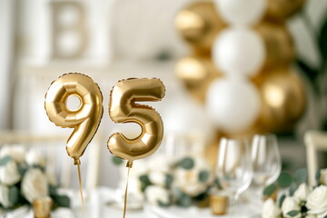 Golden helium floating balloons made in shape of number ninety five. Birthday jubilee party or anniversary for 95 years celebration. Elegant white decorations	
