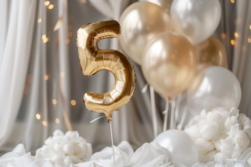 Golden helium floating balloons made in shape of number five. Birthday jubilee party or wedding anniversary for 5 years celebration. Elegant white decorations	
