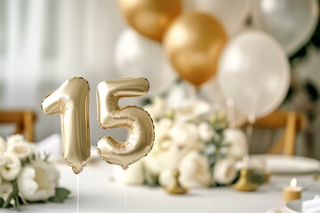 Golden helium floating balloons made in shape of number fifteen. Birthday jubilee party or wedding anniversary for 15 years celebration. Elegant white decorations	