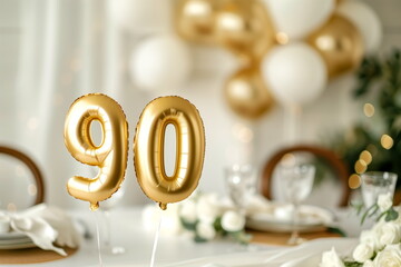 Golden helium floating balloons made in shape of number ninety. Birthday jubilee party or anniversary for 90 years celebration. Elegant white decorations	
