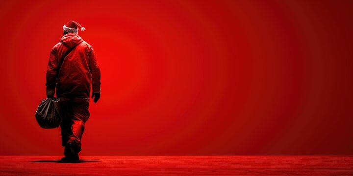 A minimalistic silhouette of Claus walking with a bag against a bright red background