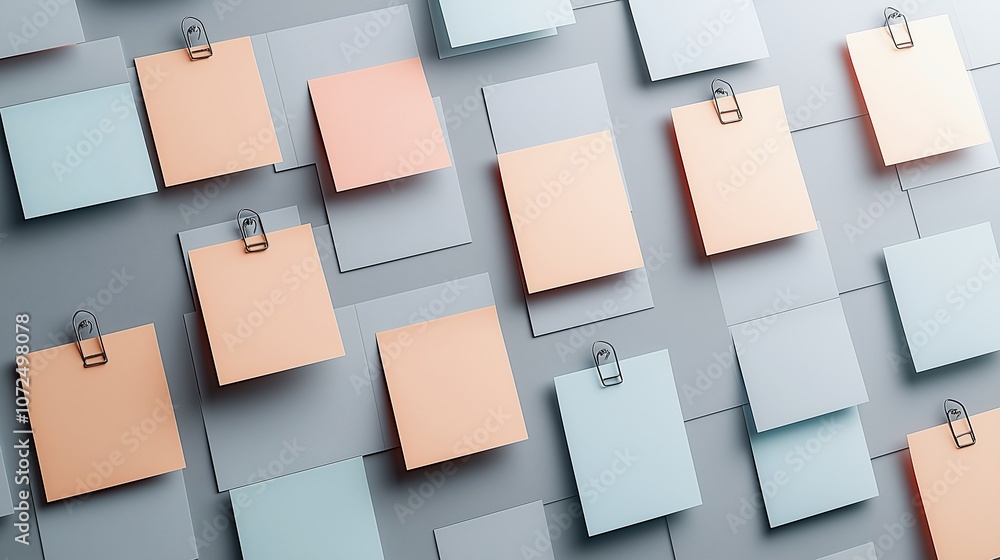 Poster abstract composition of overlapping peach and gray paper sheets with binder clips, creating a modern