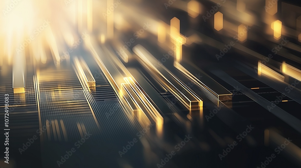 Poster abstract depiction of a golden circuit board with glowing lines representing technological advanceme