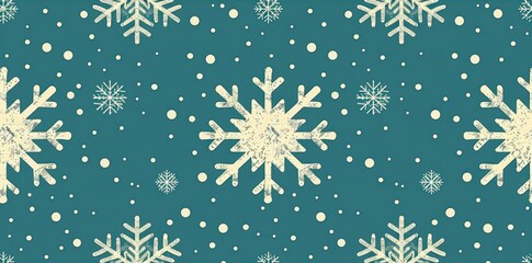 Minimalistic pattern featuring snowflakes and dots on a deep teal background for winter decor
