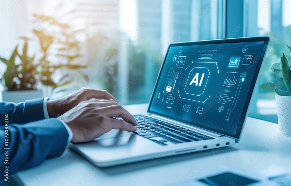 Poster business professional using a laptop with artificial intelligence interface. futuristic digital tech