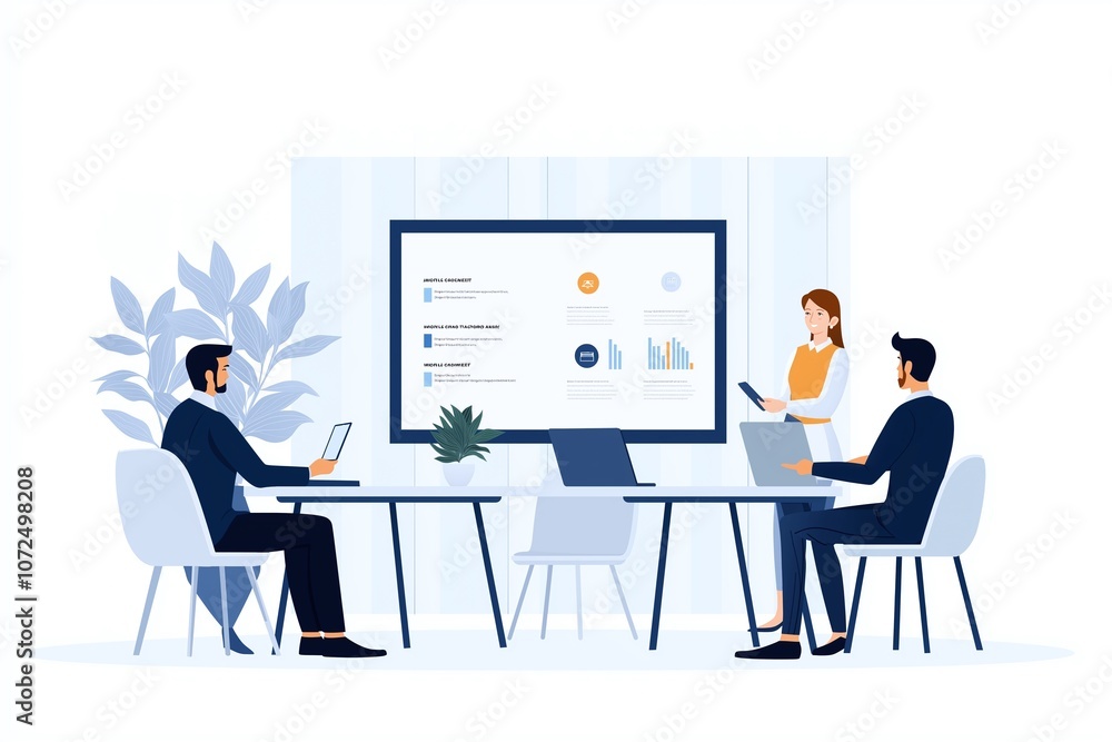 Poster business professionals in a modern office setting discussing strategies at a conference table, using