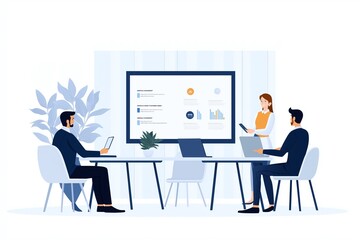 Fototapeta premium Business professionals in a modern office setting discussing strategies at a conference table, using technology for presentations and teamwork.