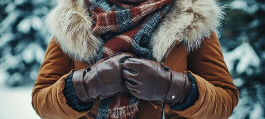 A chic winter outfit with a faux fur-lined parka, oversized scarf, and leather gloves