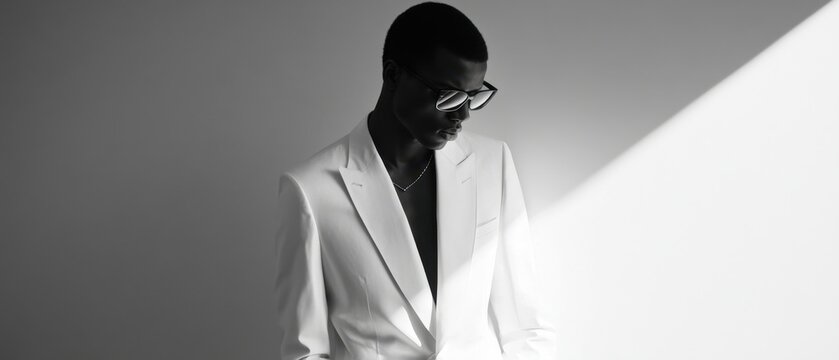 Editorial style black and white fashion shot showcasing minimalist design bold silhouettes and artistic composition for a sleek refined look