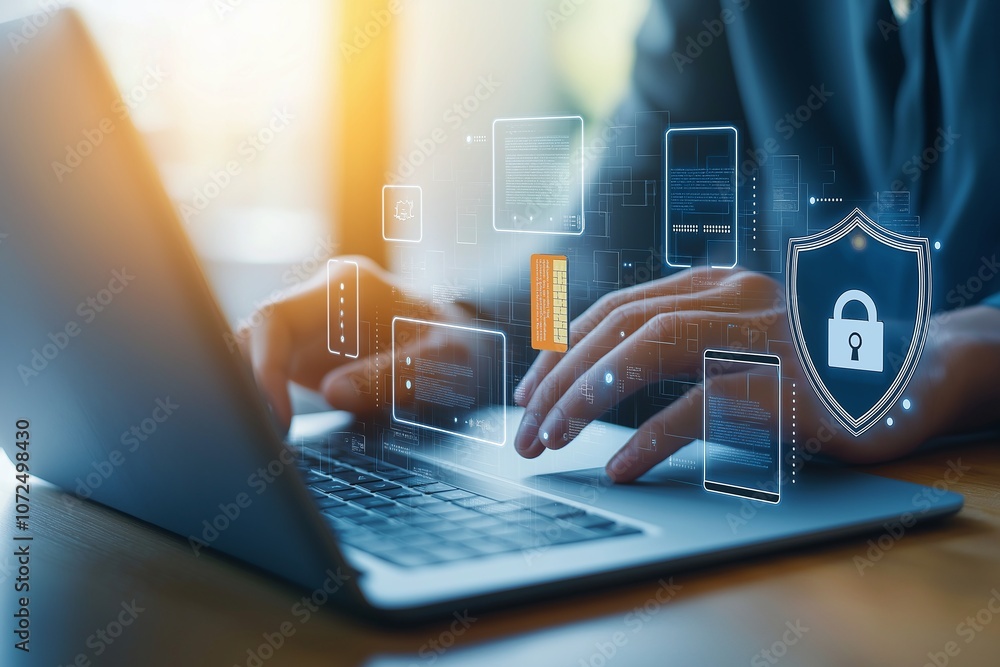 Poster close-up of hands typing on a laptop with digital security graphics overlay, symbolizing data protec