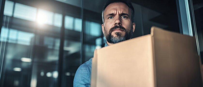 Close-up of worker carrying box of personal items, corporate setting, shadows on walls, serious face, sense of departure, loneliness in scene, glass background