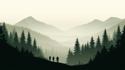 Fototapeta premium Three hikers explore a misty mountain landscape surrounded by dense pine forests, AI