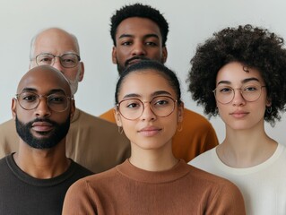A diverse group of five individuals, varying in age and ethnic background, posing together, all wearing glasses, emphasizing unity and intellectualism.