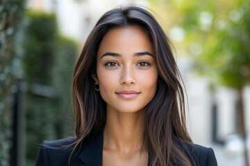 Obraz premium A poised woman with sleek, straight hair is captured in a soft outdoor scene, embodying elegance and confidence in a refined black outfit.