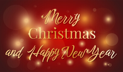 Merry Christmas and Happy New Year in gold with bokeh. Merry Christmas greeting with sparkling lights. Gold on red background. Banner for internet pages, social networks, brochures, etc.