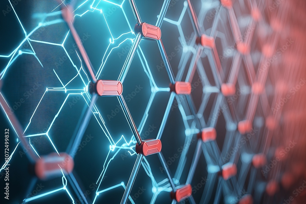 Poster futuristic digital interface with glowing hexagonal patterns in blue and red. represents innovation,