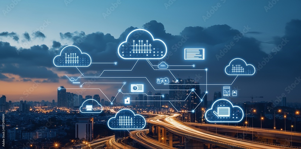 Poster futuristic technology concept with cloud computing icons and data network overlays on a city skyline