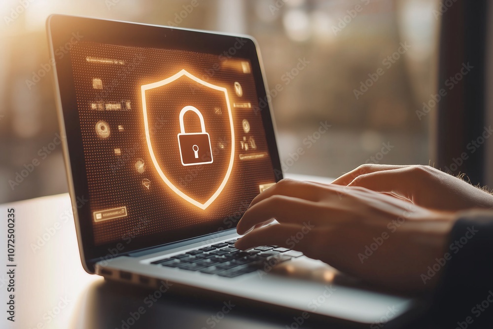 Poster hands typing on a laptop with a glowing lock icon on the screen, symbolizing cybersecurity and data 