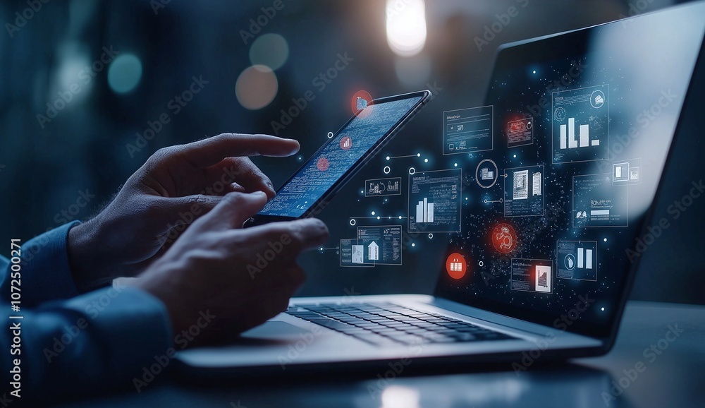 Poster hands using smartphone and laptop with digital icons and graphs overlay, symbolizing modern technolo