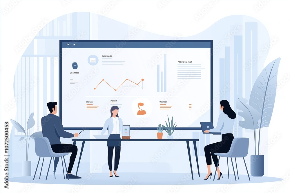 Poster Modern office meeting with team analyzing data on large screen. Professionals collaborating and brainstorming in contemporary workspace with digital presentation and technology.