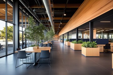 Fototapeta premium Modern office interior with open space design, featuring natural light, greenery, and sleek furnishings enhancing work productivity and comfort.