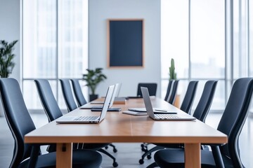 Modern conference room with sleek design, featuring laptops on a wooden table surrounded by black chairs, ideal for corporate meetings in a bright, professional setting.