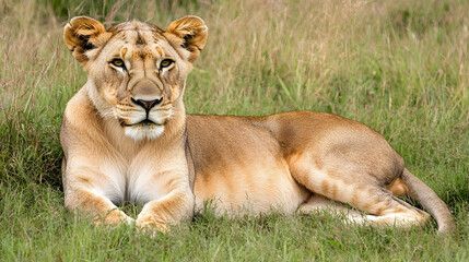 Obraz premium A female lion rests in tall grass, looking directly at the camera with a regal expression.