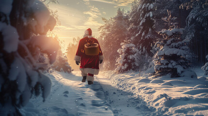 Santa Claus walking through a snowy landscape with a bag of gifts on his back