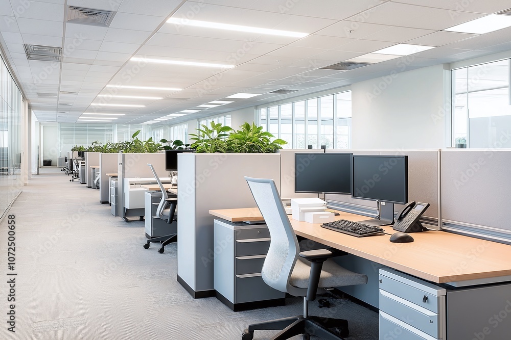 Poster modern open office with rows of cubicles and desktops. bright lighting and plants create a fresh wor