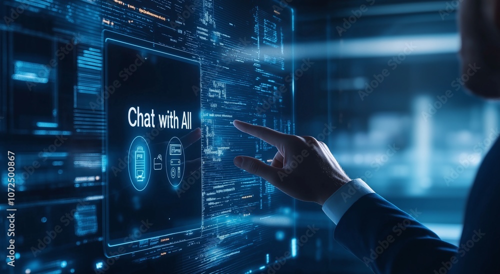 Poster person interacting with advanced ai technology interface in a digital environment, symbolizing innov